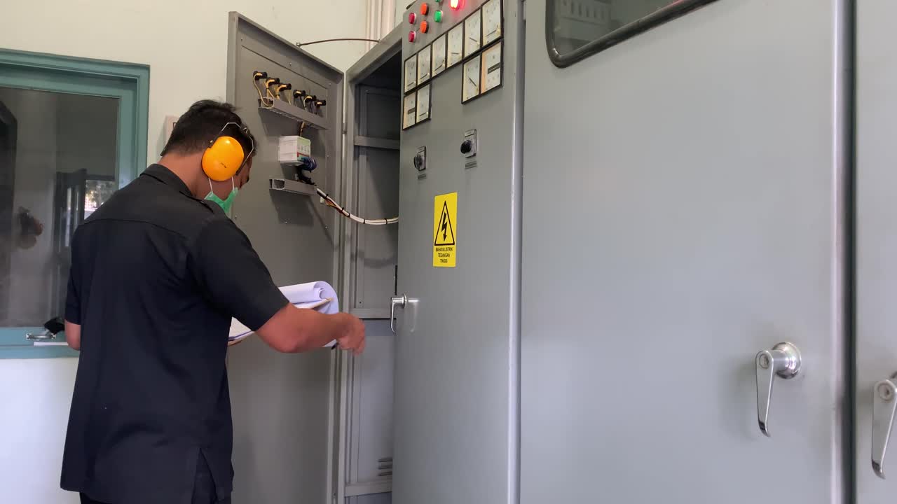 un electricista está controlando la instalación en la sala del generador