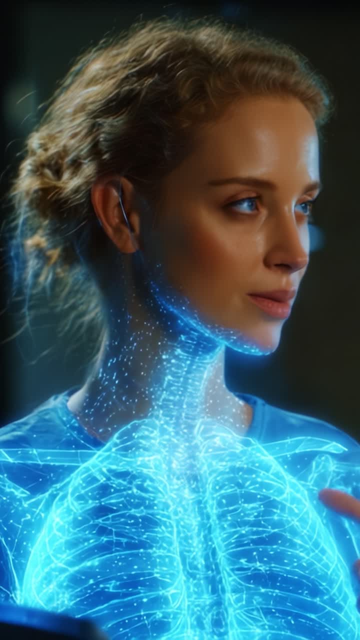 A captivating exploration of human anatomy, revealing a holographic representation of the skeletal system and internal organs through advanced technology and visualization