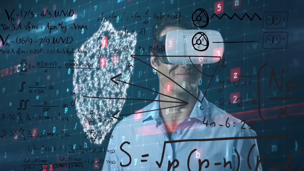 Animation of connections, data and digital padlock over caucasian man in vr headset