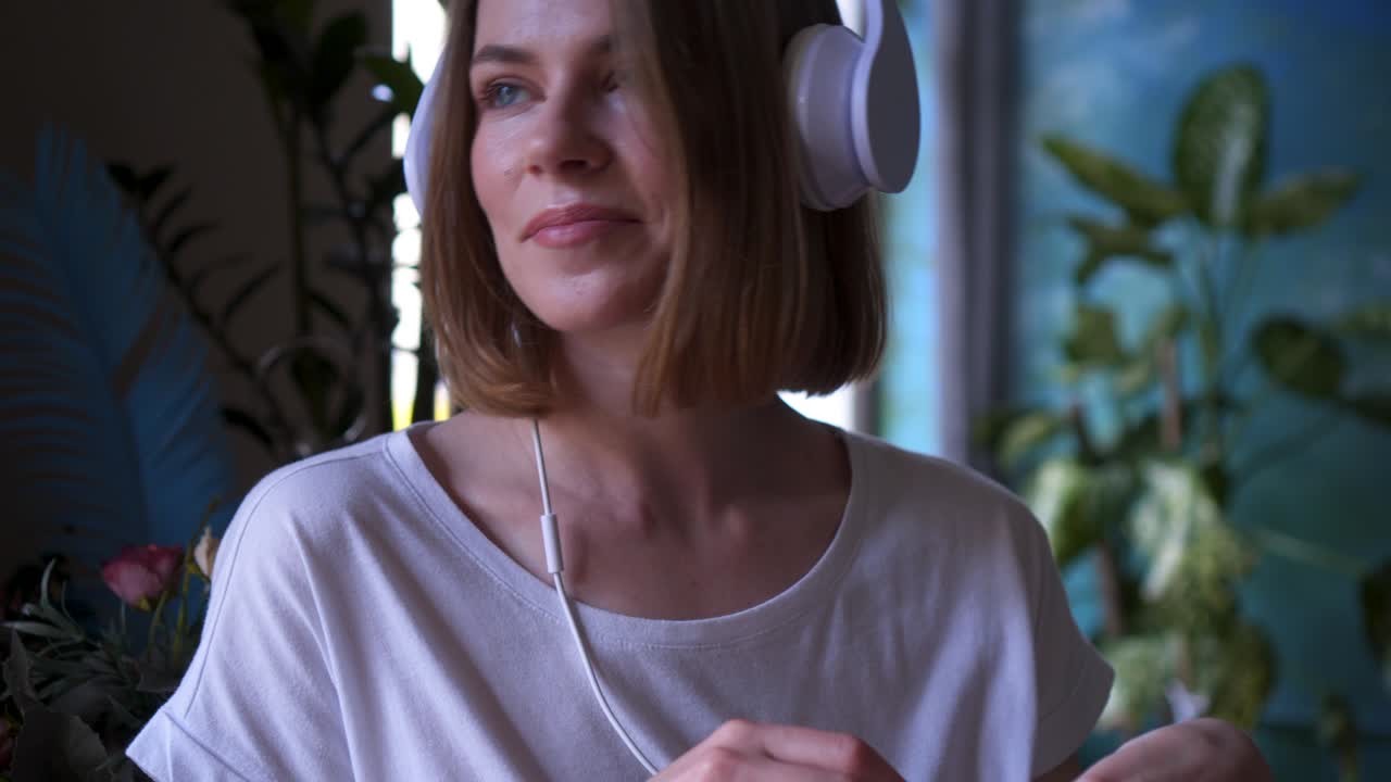 una chica increíble escuchando música con auriculares blancos