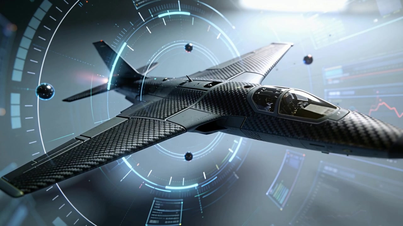 Animating small carbon-fiber jet rotating and showcasing canopy and wing in virtual bay