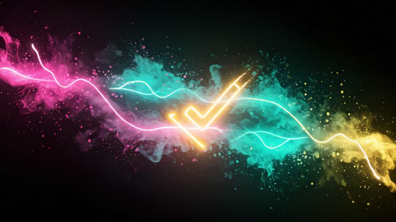 Vibrant Neon Checkmark Animation with Spectacular Colorful Smoke Effects Capturing the Essence of Approval and Creativity in a Dynamic Abstract Design