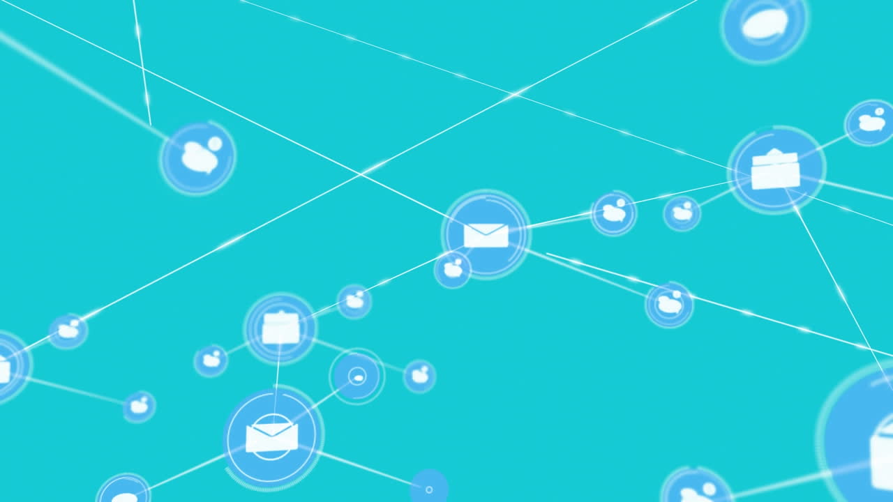 Animazione di una rete di connessioni con icone digitali di telecamere su strisce cangianti