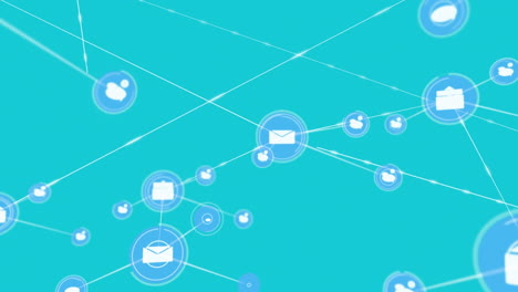 animation of network of connections with digital icons with cameras over changing stripes