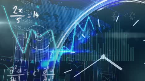 Animation-of-clock-over-graphs,-trading-board-and-mathematical-equation-against-map-in-background