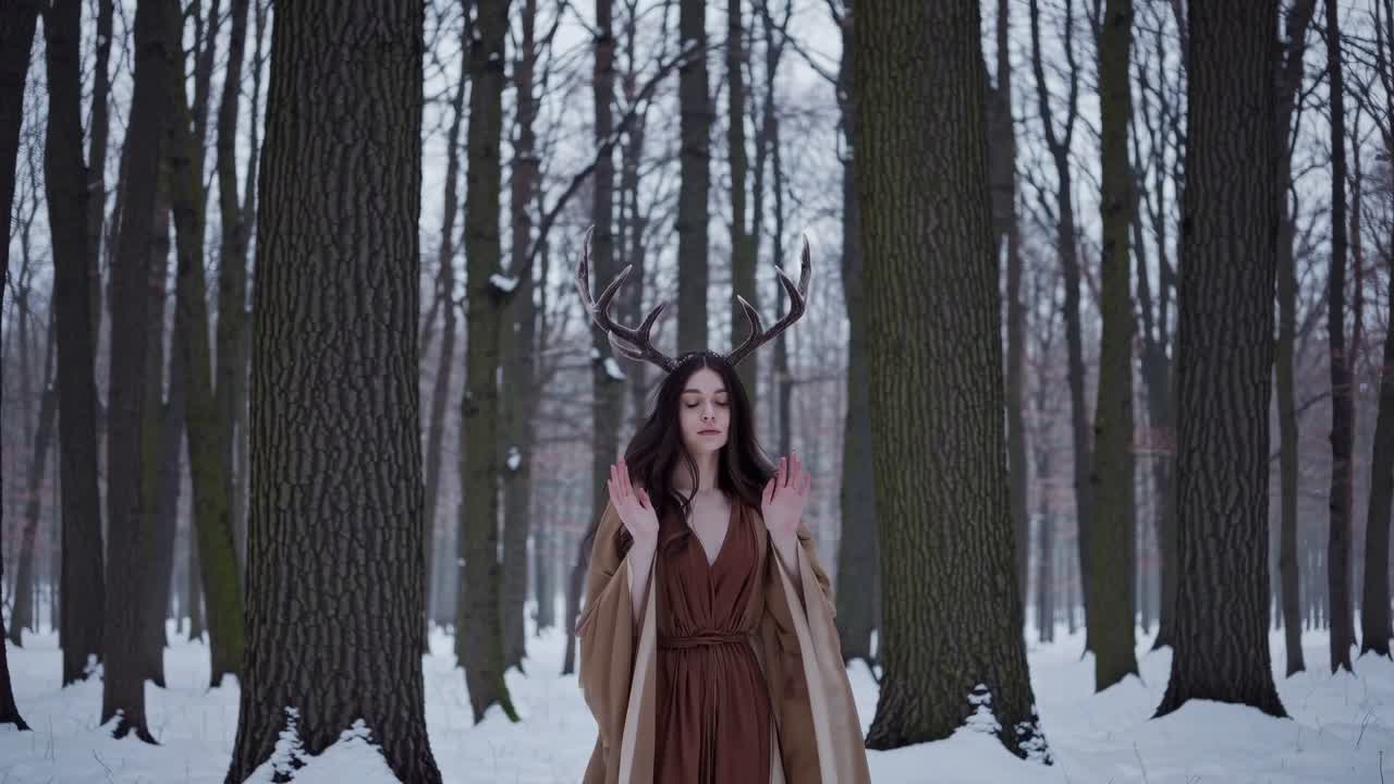 Woman with Deer Antlers in a Winter Forest