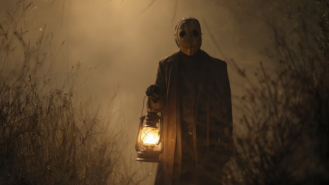 A Mysterious Figure Holds a Lantern in a Foggy Landscape, Evoking Suspense and Intrigue in an Eerie, Shadowy Atmosphere