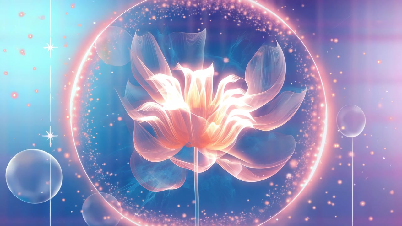 Fiore di loto etereo che risplende in una sfera di energia scintillante