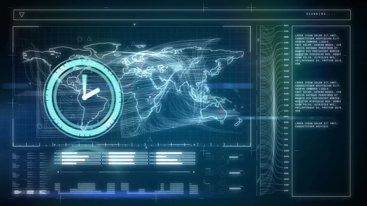 Animation of clock moving over data processing on black background