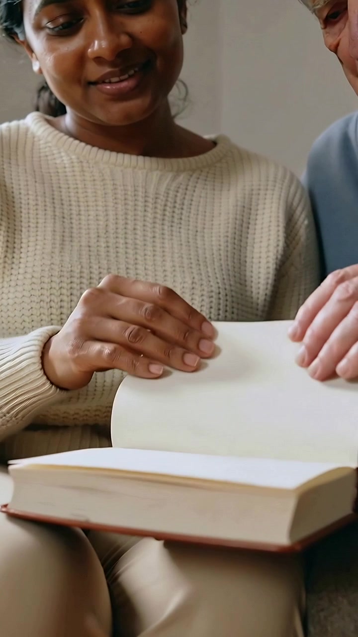 Video verticale: Coppia che si volta sfogliando pagine, leggendo sul divano, con un libro con copertina rigida color crema e un maglione lavorato a maglia.