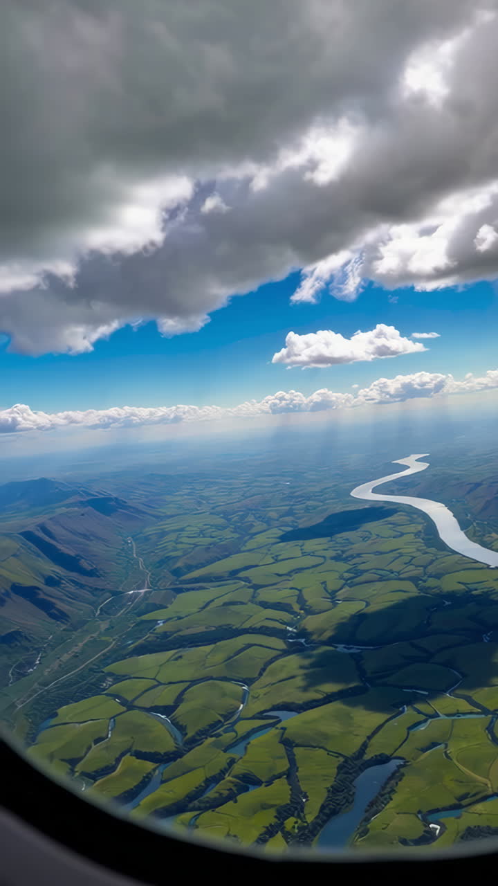 Aerial View of a Winding River Through Mountainous Landscape from an Airplane