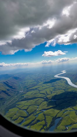 aerial view of a winding river through mountainous landscape from an airplane