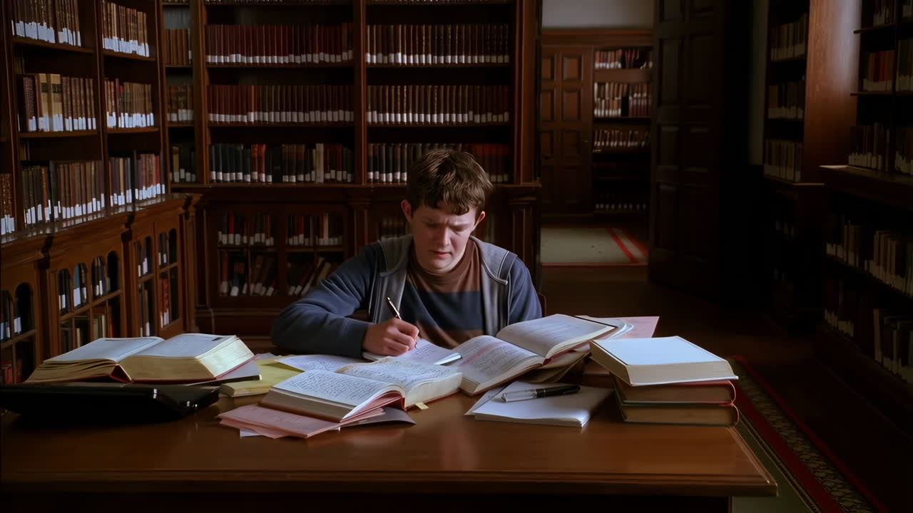 Young Man Engaged in Deep Study in a Library