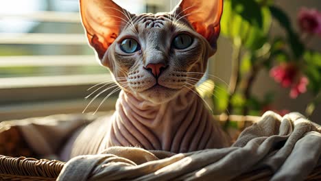 sphynx cat relaxing indoors with soft sunlight and green plants nearby