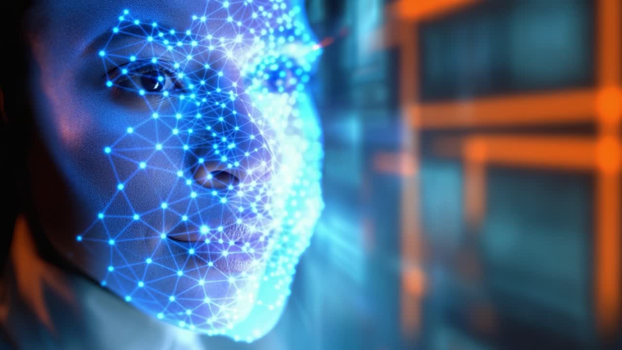 A close-up view of a woman's face illuminated by a brilliant blue digital mesh, showcasing cutting-edge technology and the future of artificial intelligence and imaging