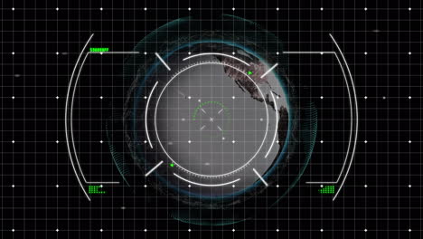 animación digital del escaneo del alcance sobre una red de cuadrícula contra un globo giratorio sobre un fondo negro