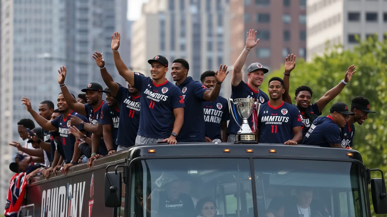 Celebrating Victory: A Team Parade in the City, Where Athletes Unite on a Bus, Enthusiastically Waving and Showing Their Championship Trophy to the Excited Crowd Below