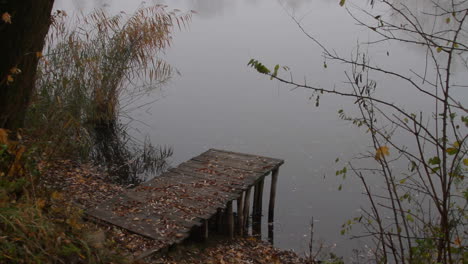 a small wooden pier on a lake during a foggy misty morning