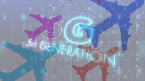 procesamiento de texto y datos 5g contra iconos de aviones coloridos que vuelan contra un fondo gris
