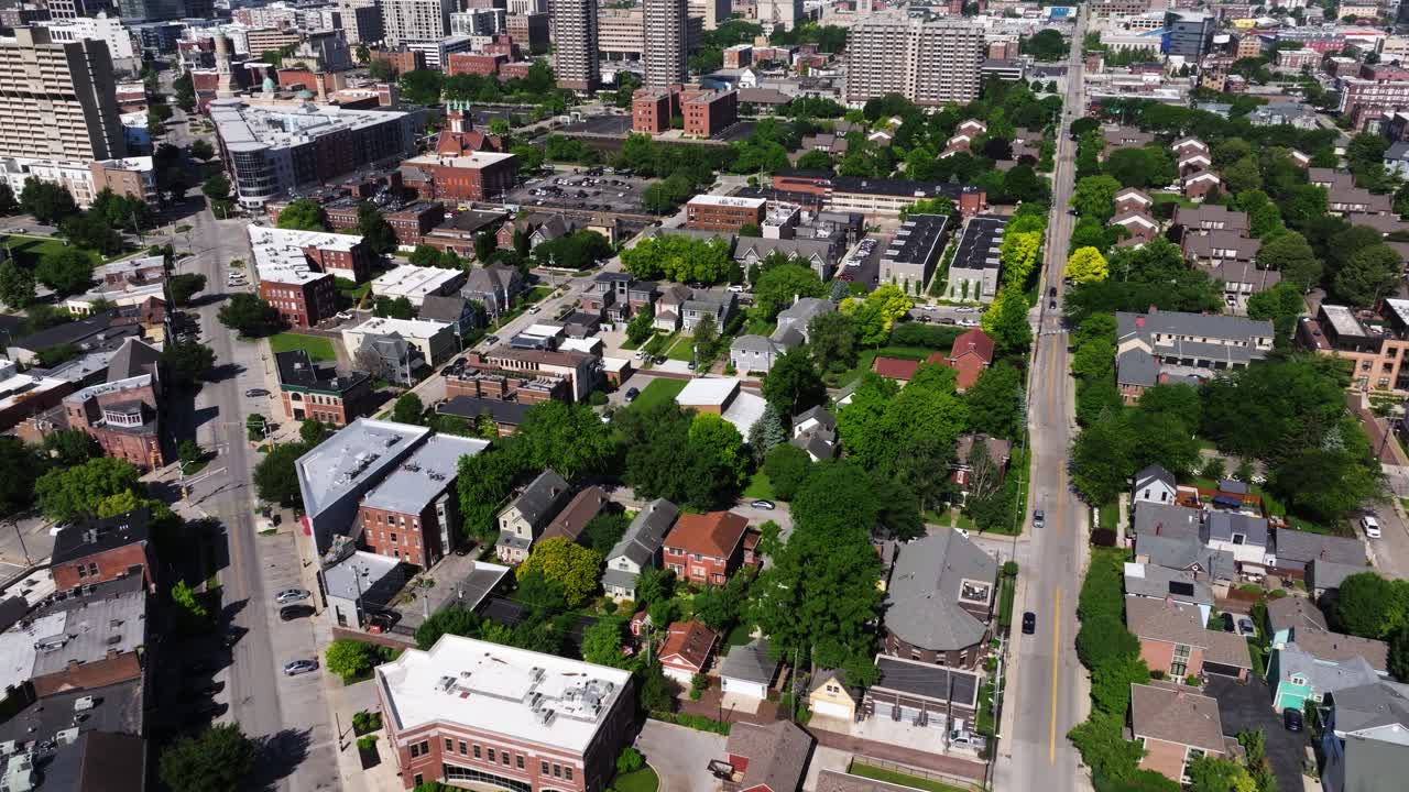 Aerial drone shot above the Chatham Arch neighborhood in downtown Indianapolis on summer day