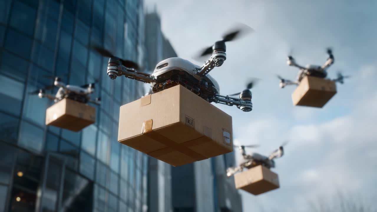 A Fleet of Autonomous Drones Transporting Packages in Urban Skies, Showcasing the Future of Delivery Services in a Modern Cityscape with Innovative Technology
