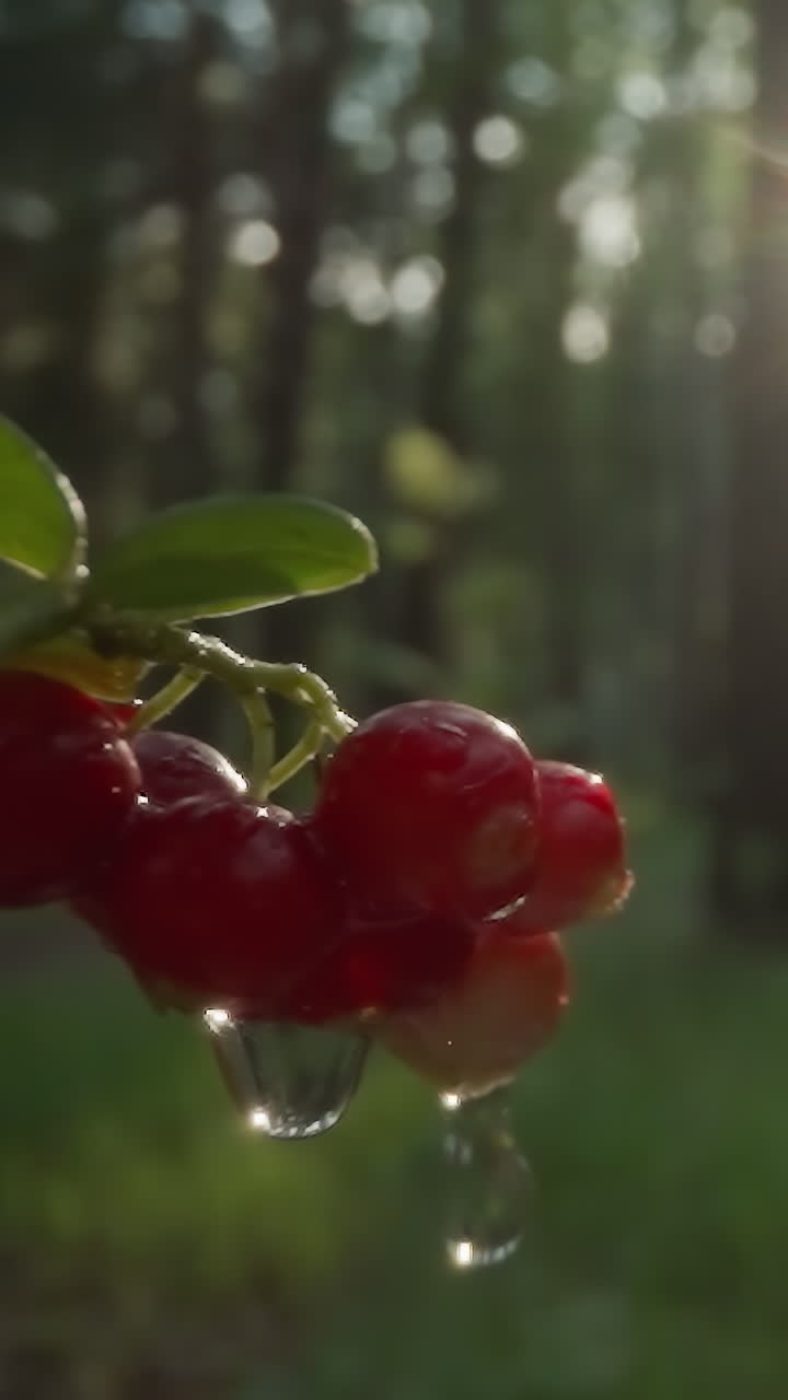 la irrupción del sol a través del dosel del bosque en las brillantes grosellas rojas con el rocío matutino