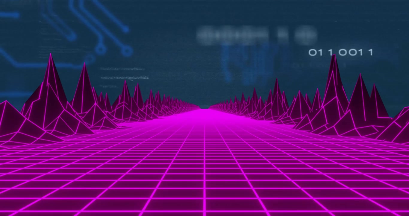 At start magenta grid and ridges advancing while binary digits drifting creating digital journey
