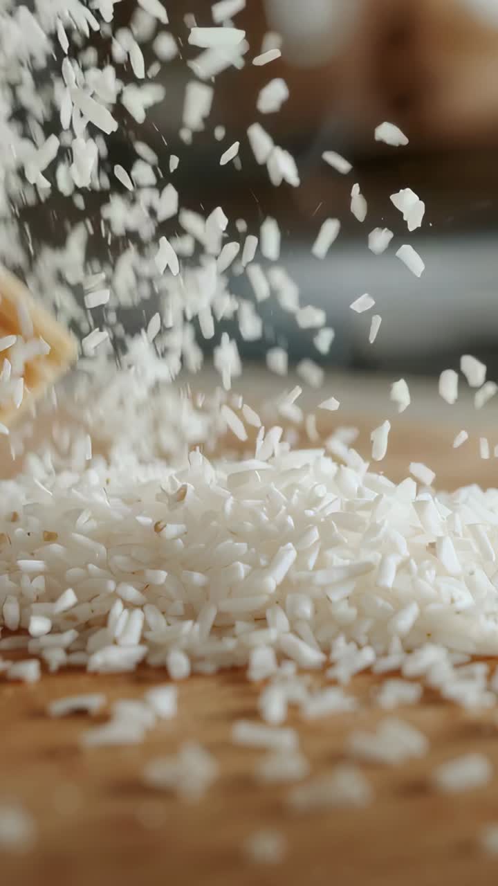 Vertical video: Falling long-grain rice forming mound on wooden board ...