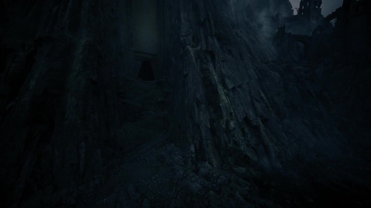 Eerie black stone door carved into rocky cliff beneath silent shadows