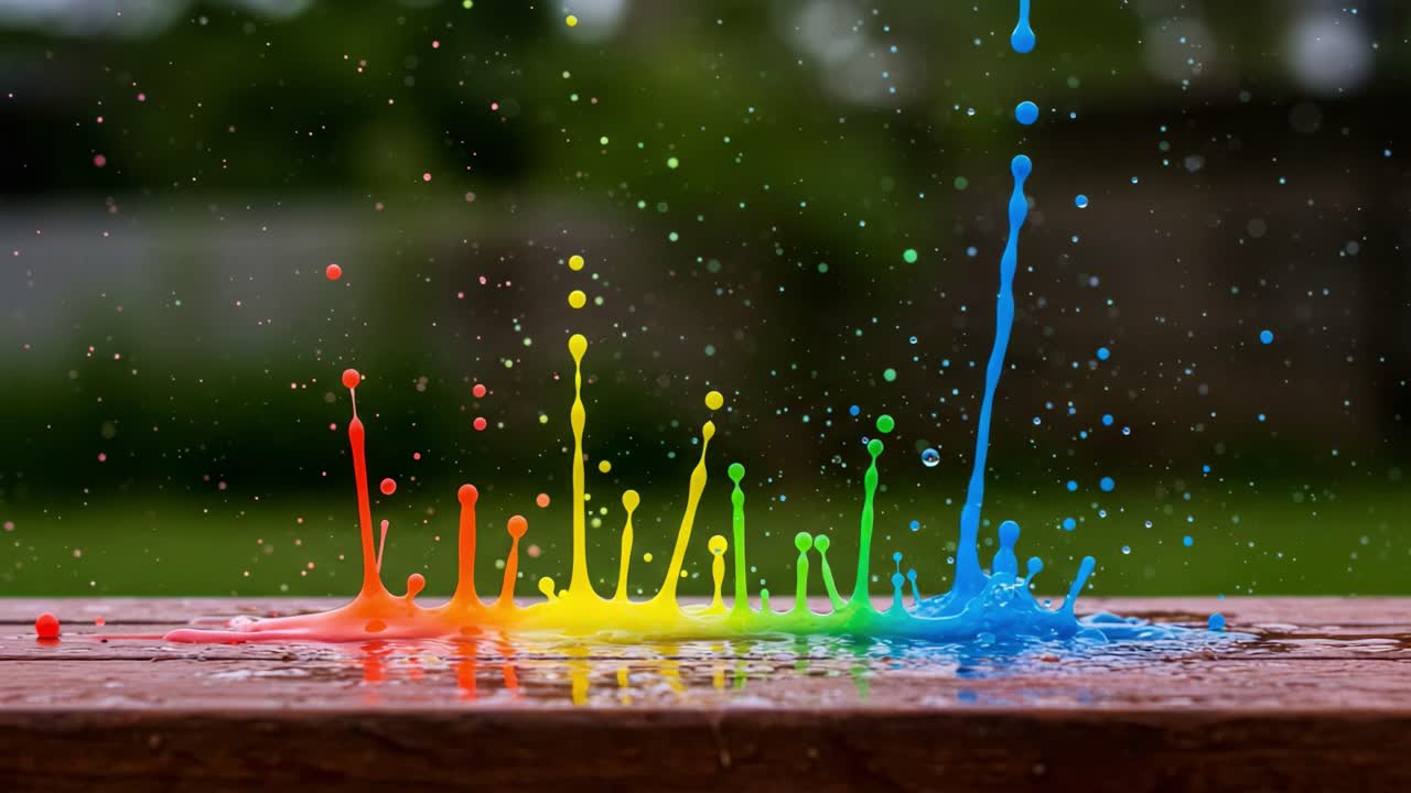 Captivating Display of Colorful Water Splashes: A Spectacular Collection of Vivid Rainbow Hues Erupting from a Surface, Creating Dynamic and Mesmerizing Artistic Patterns