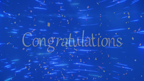 animation of confetti falling and light trails over congratulations text on blue background