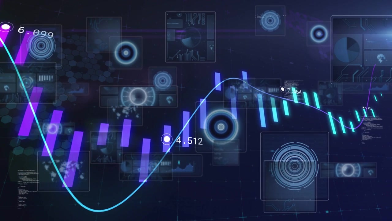 Market data feeding financial chart, animating bars and line left-to-right, revealing reversal