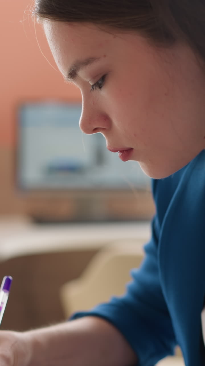 Donna scrive al tavolo in biblioteca, primo piano. Uno studente fa i compiti usando un libro di testo speciale alla scrivania all'università. Una signora prepara una presentazione per la lezione
