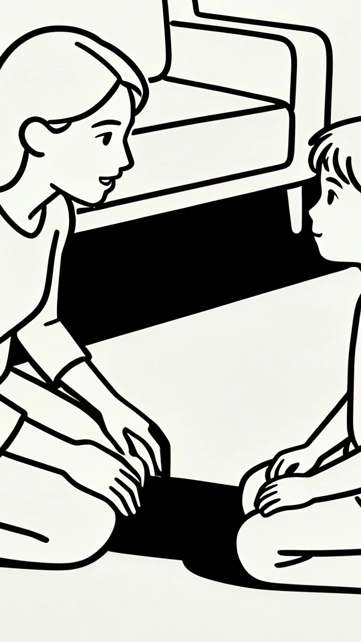 Video verticale: Adulto che si protende per guidare un bambino seduto e incoraggiare la calma nel soggiorno, con divano visibile.