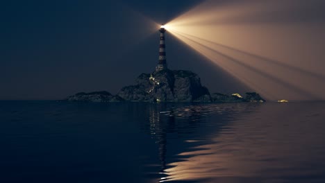 haz de luz del faro que gira sobre el mar durante la puesta del sol. torre alta en la pequeña isla. el edificio sirve como ayuda de navegación para los pilotos marítimos durante la noche. animación en bucle.