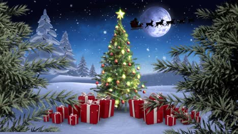 Animation-of-santa-claus-in-sleigh-with-reindeer-over-christmas-presents,-tree-and-moon