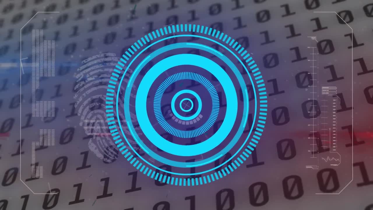 animación del círculo de procesamiento, el código binario y la huella digital en espacio digital gris