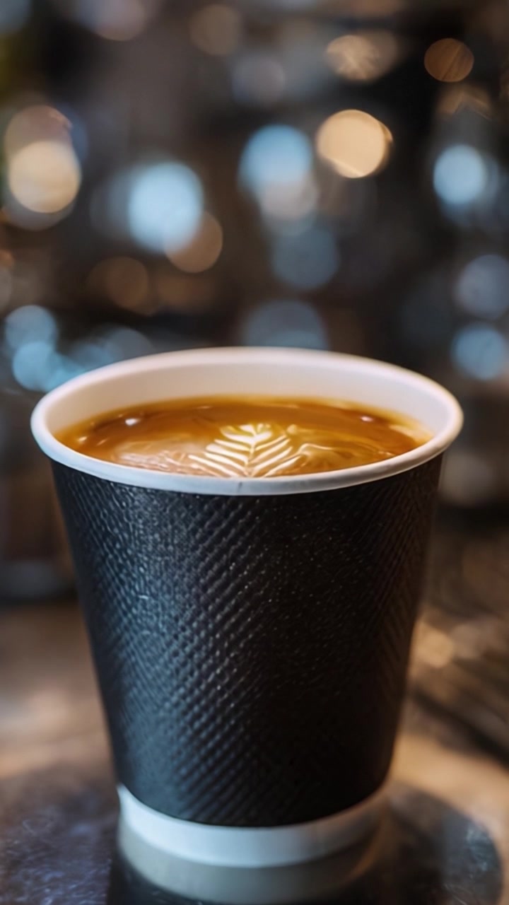 Tazza di caffè ricca e aromatica con un disegno a foglia splendidamente realizzato sulla superficie, che mostra l'arte e il calore di una bevanda fresca in un ambiente accogliente.