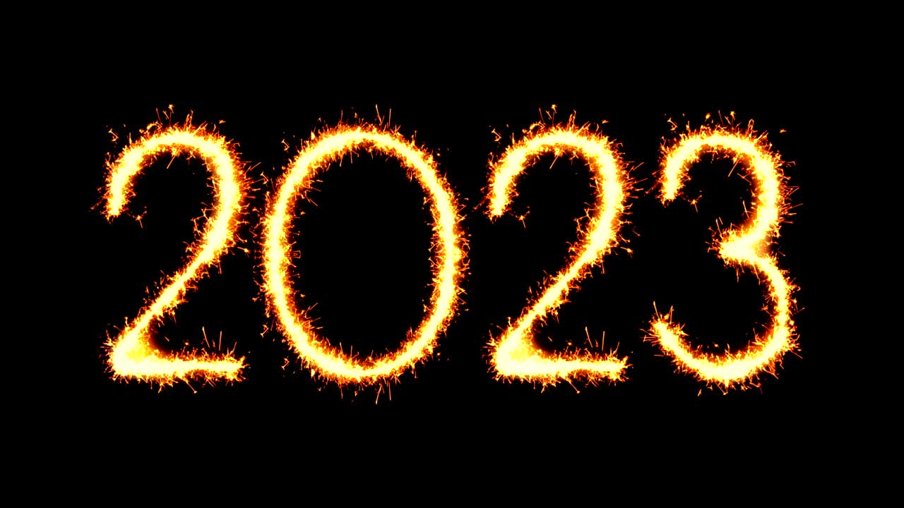 Testo 2023 con animazione a loop di scintille, glitter e fuochi d'artificio