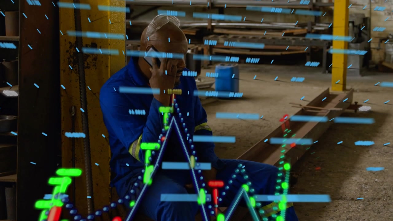 Animation of data processing over african american male worker in warehouse
