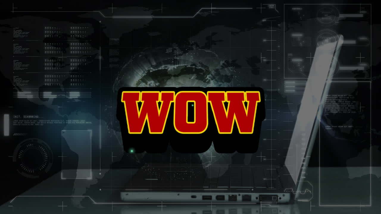 animación de wow sobre pantalla digital con diversos datos, globo y portátil