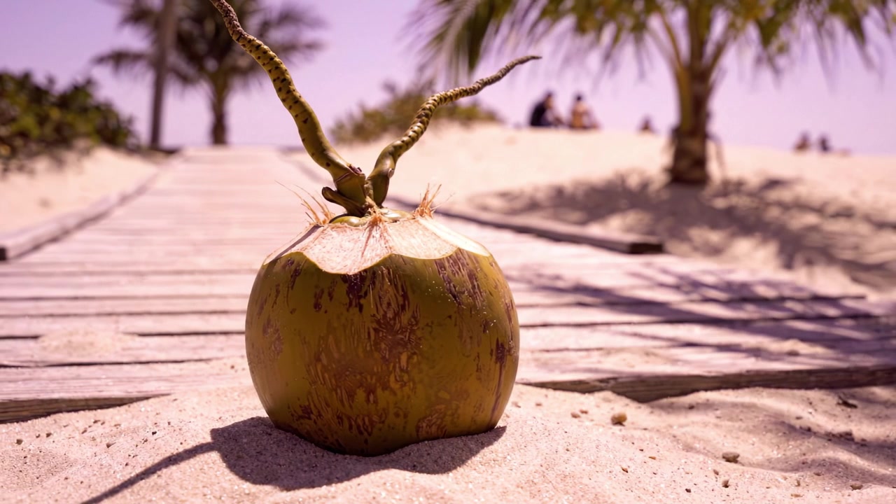 Una noce di cocco tropicale su un sentiero di spiaggia sabbiosa con palme e luce solare, che evidenzia la bellezza della natura e l'atmosfera rilassante dell'ambiente costiero.