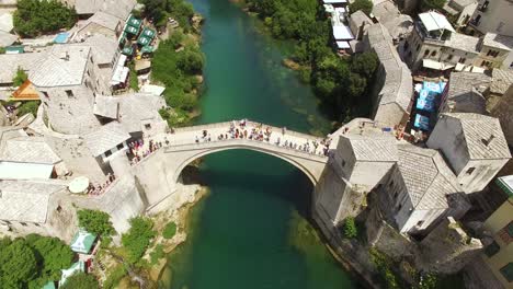 a bird'seyeview shows the mostar bridge and the neretva river it passes over in mostar bosnia