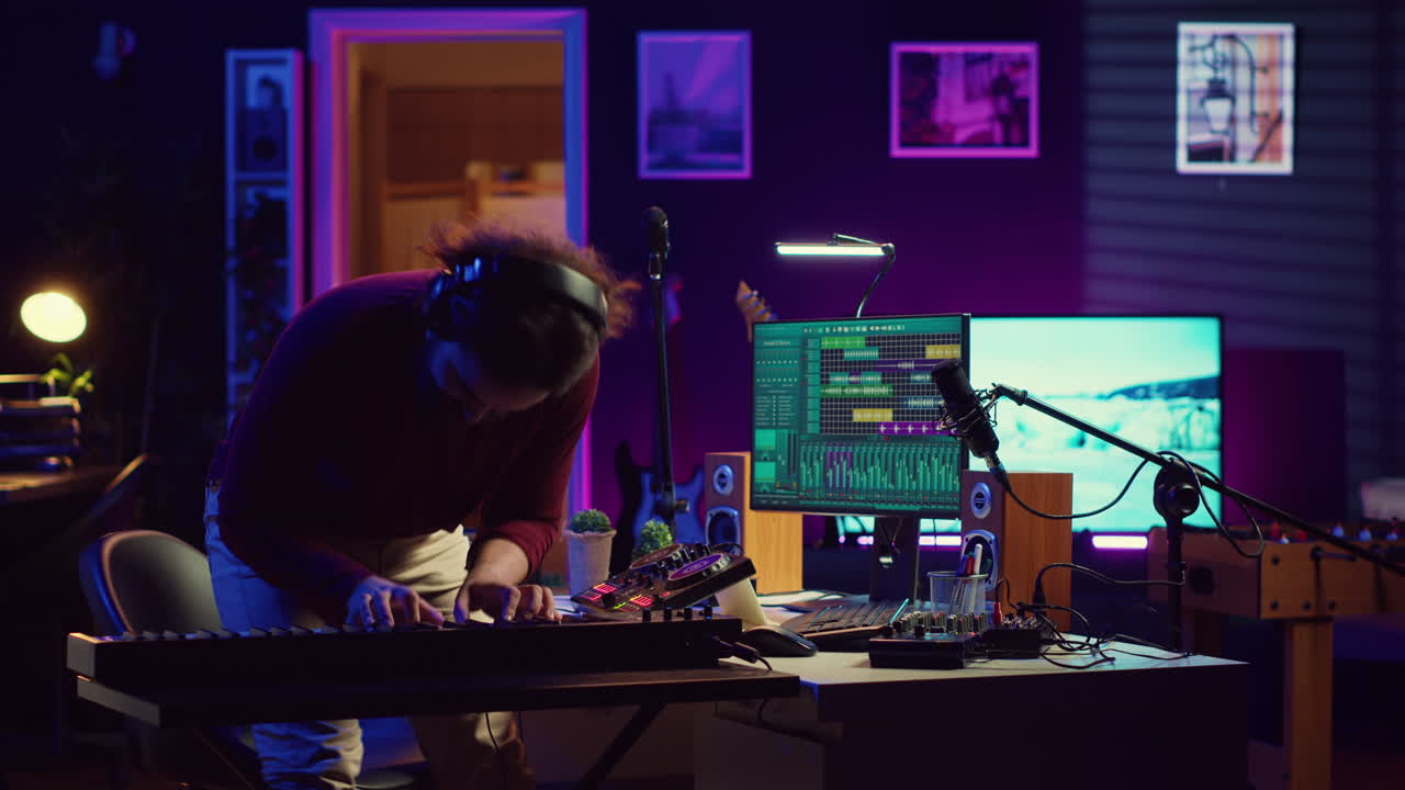 피아노 키보드를 연주하고 곡을 녹음하는 기쁜 예술가