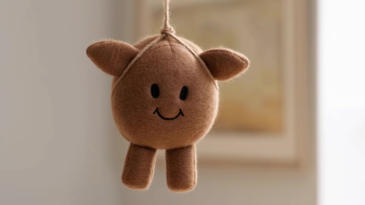 Piccolo peluche di feltro marrone morbido sospeso da un filo vicino al centro dell'inquadratura, che mostra un viso sorridente cucito e orecchie arrotondate. Una calda illuminazione laterale evidenzia i dettagli.