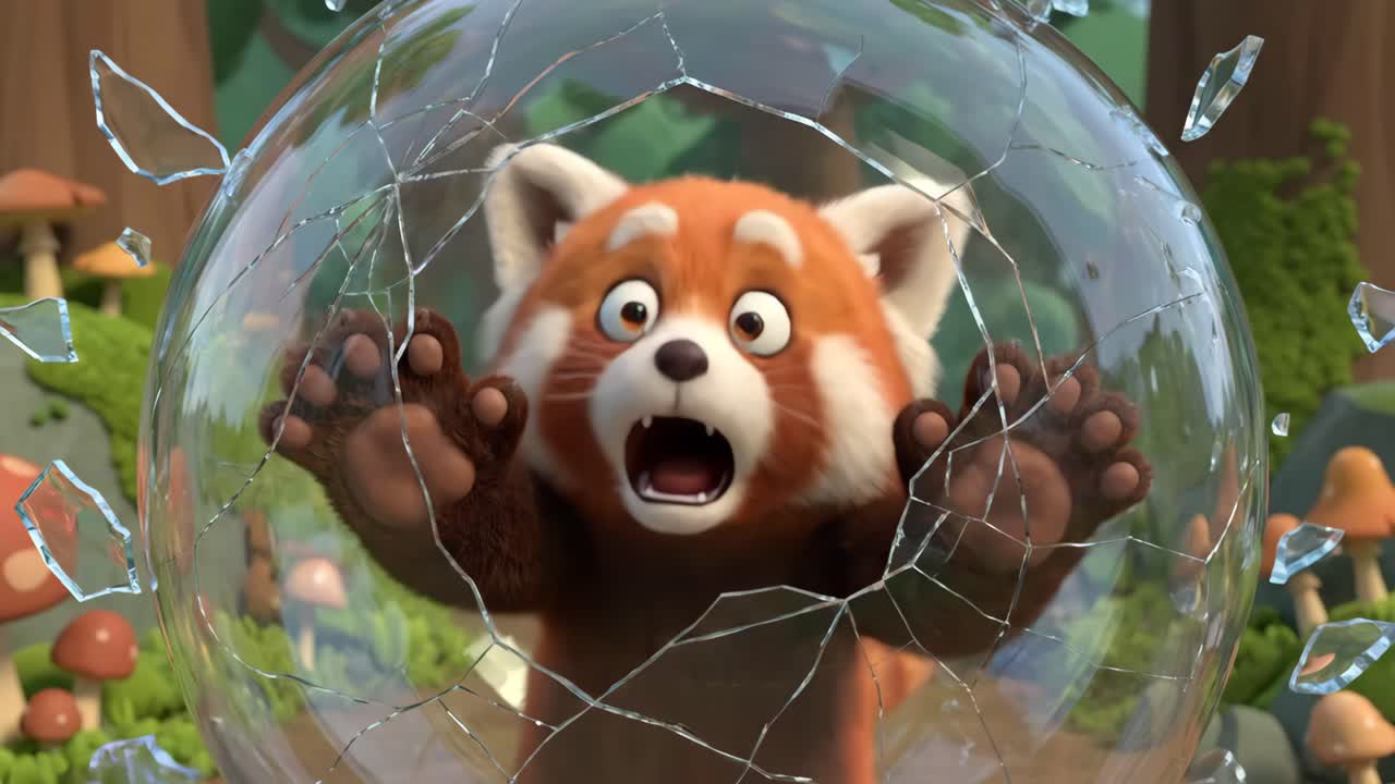 Un simpatico panda rosso si libera da una sfera di vetro in frantumi in una foresta a cartoni animati