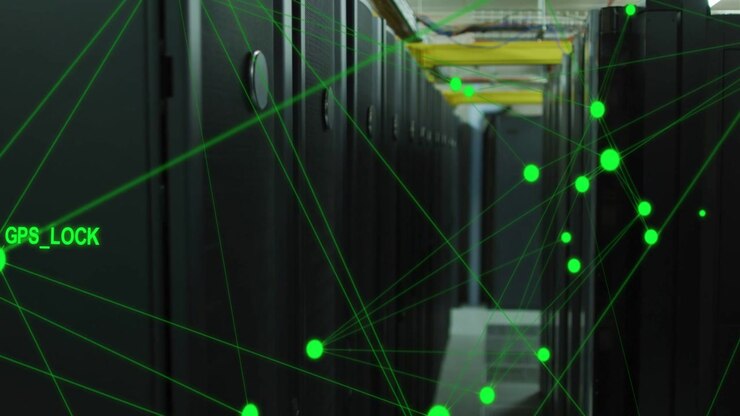 GPS_LOCK label appearing, green nodes forming and connecting mesh down aisle, showing GPS_LOCK