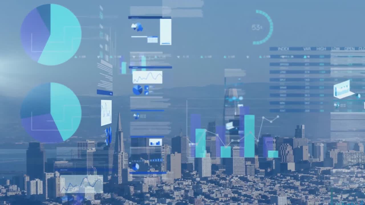 Animation of statistics and financial data processing over cityscape