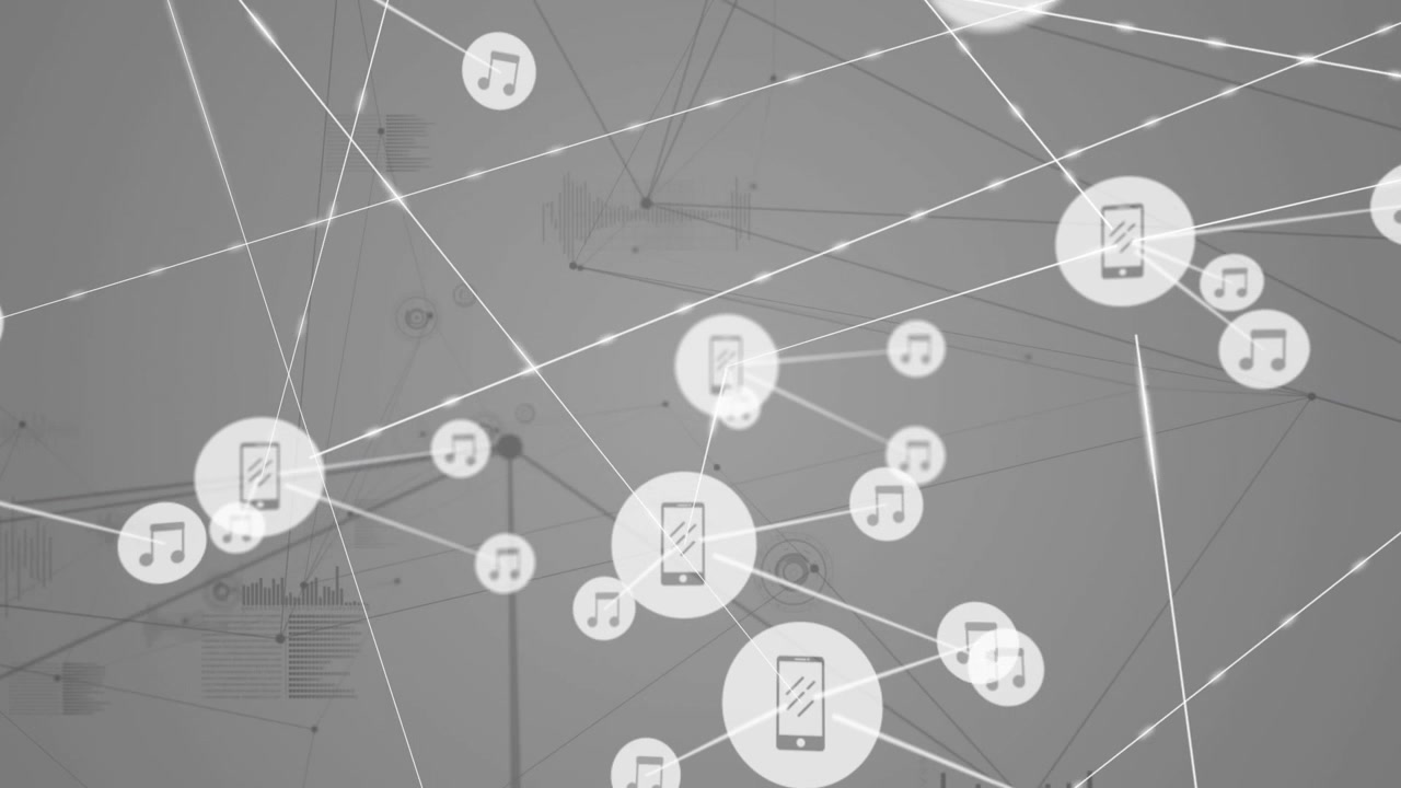 Phone node appearing, sparking network, linking phone and music-note icons, showing tech data