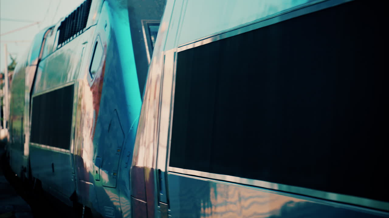 Close up of a blue train moving on the rails near a station in France